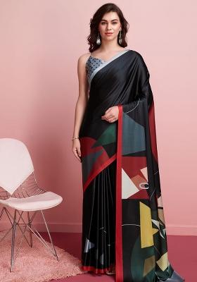 Black Abstract Printed Satin Saree Set