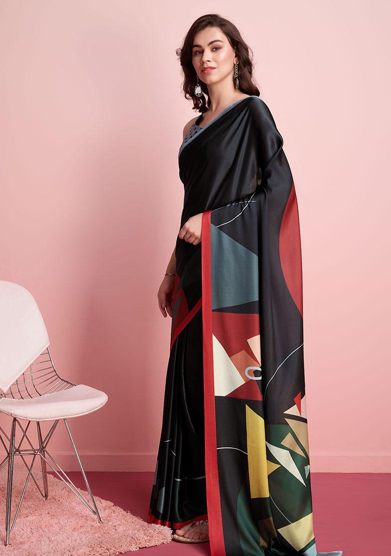 Black Abstract Printed Satin Saree Set - Indya