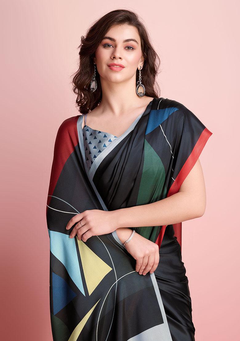 Black Abstract Printed Satin Saree Set - Indya