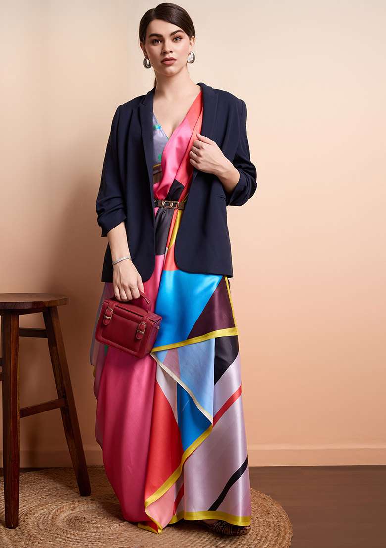 Pink Abstract Printed Satin Saree Set - Indya