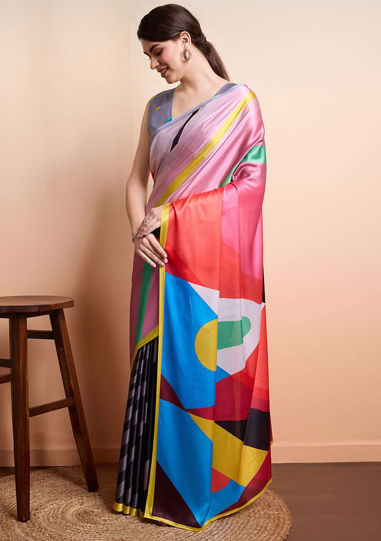 Pink Abstract Printed Satin Saree Set - Indya