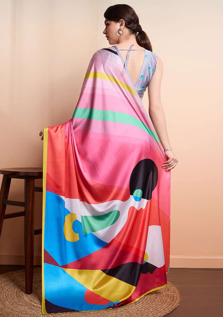 Pink Abstract Printed Satin Saree Set - Indya