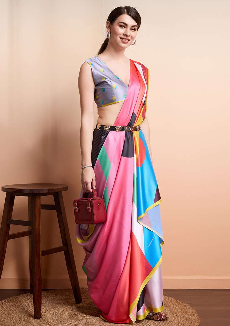 Pink Abstract Printed Satin Saree Set - Indya