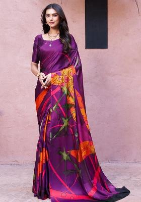 Purple Floral Satin Saree Set