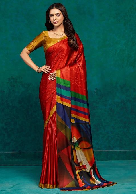Red Abstract Printed Satin Saree Set