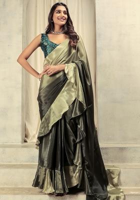 Green Solid Satin Saree Set