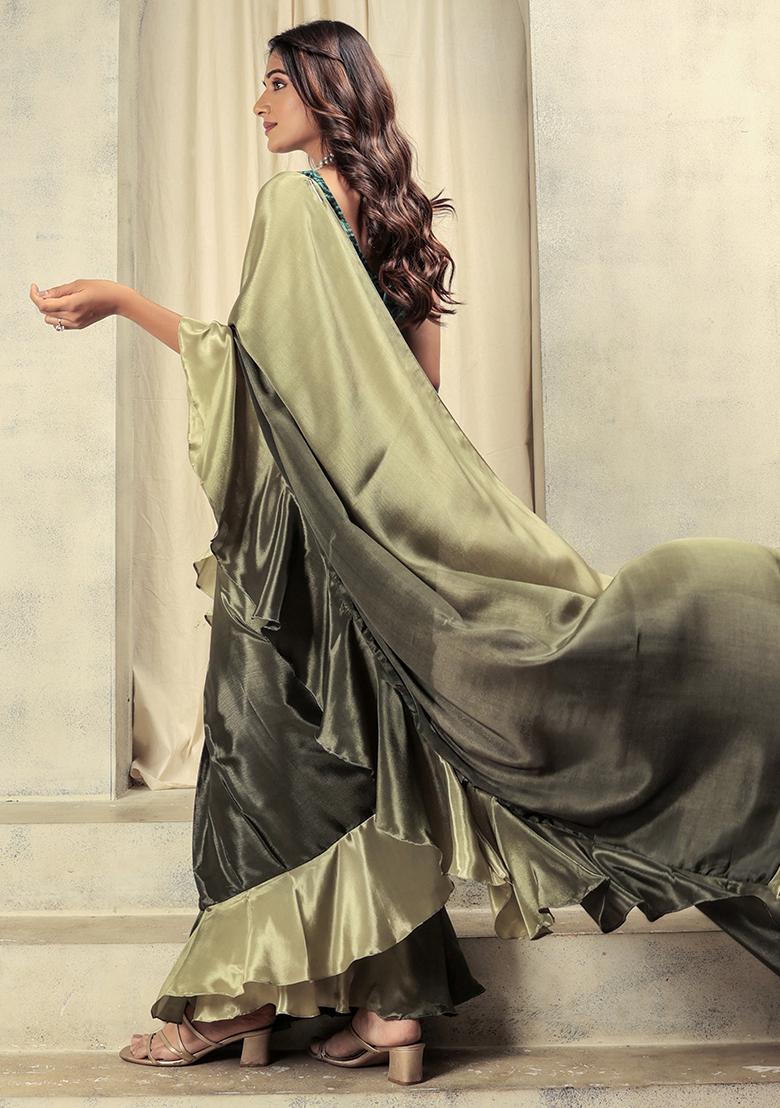 Green Solid Satin Saree Set