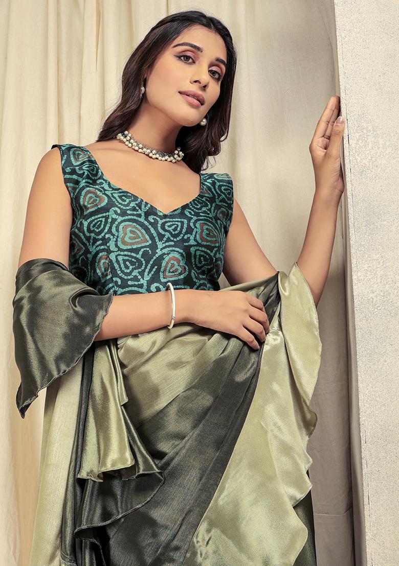 Green Solid Satin Saree Set - Indya