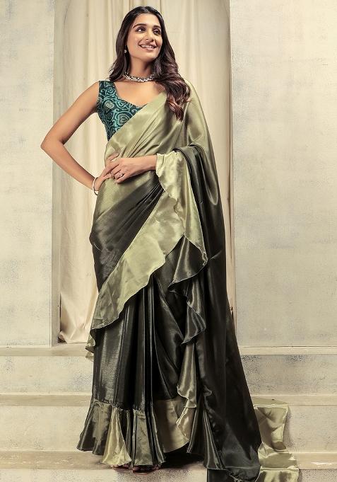 Green Solid Satin Saree Set