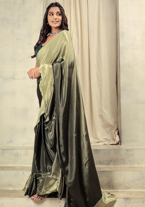 Green Solid Satin Saree Set