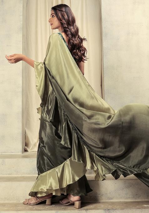 Green Solid Satin Saree Set