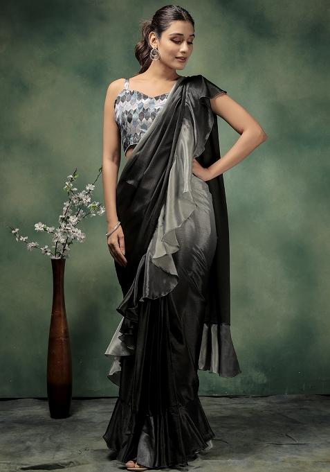 Grey Solid Satin Saree Set