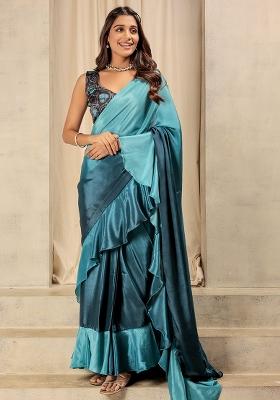 Blue Solid Satin Saree Set