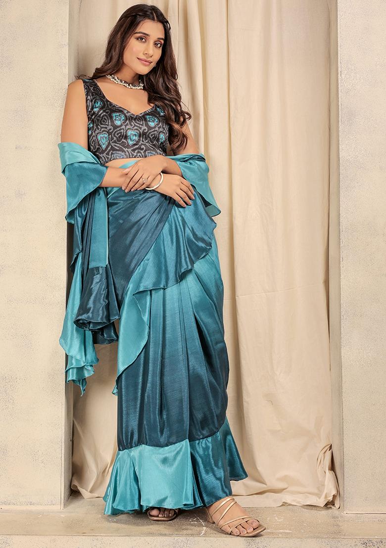 Blue Solid Satin Saree Set - Indya