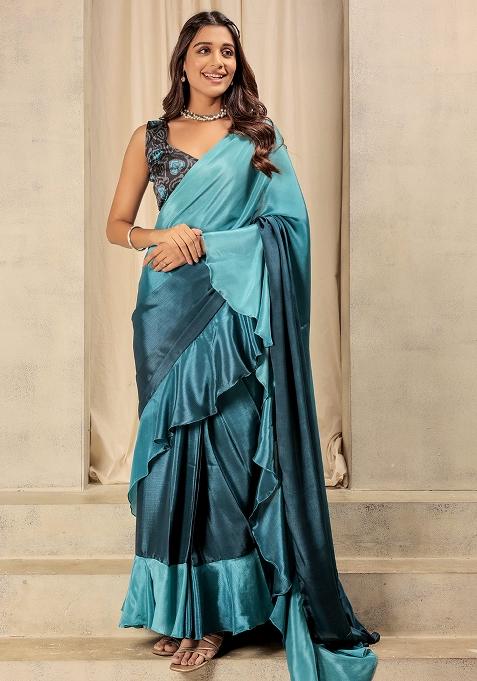 Blue Solid Satin Saree Set