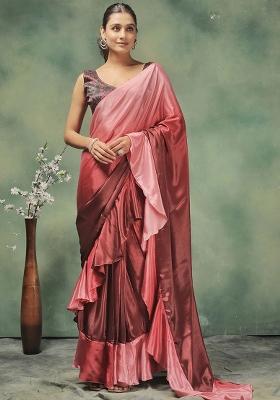 Maroon Solid Satin Saree Set