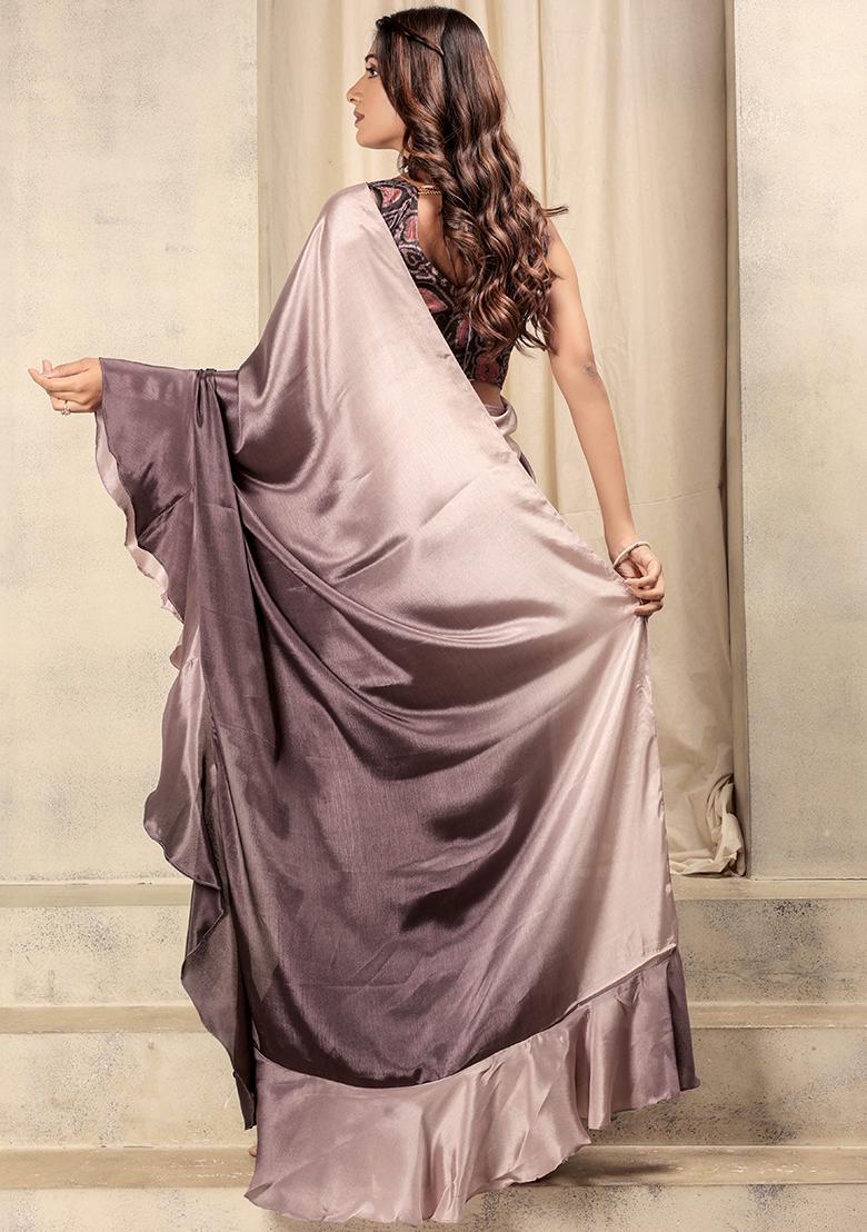 Wine Solid Satin Saree Set