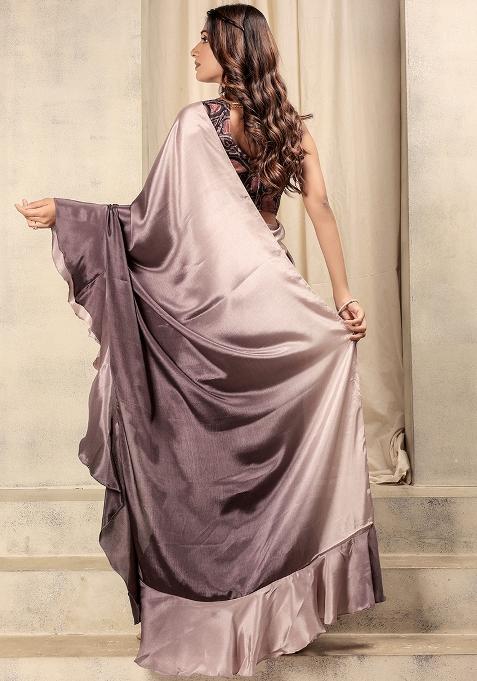 Wine Solid Satin Saree Set