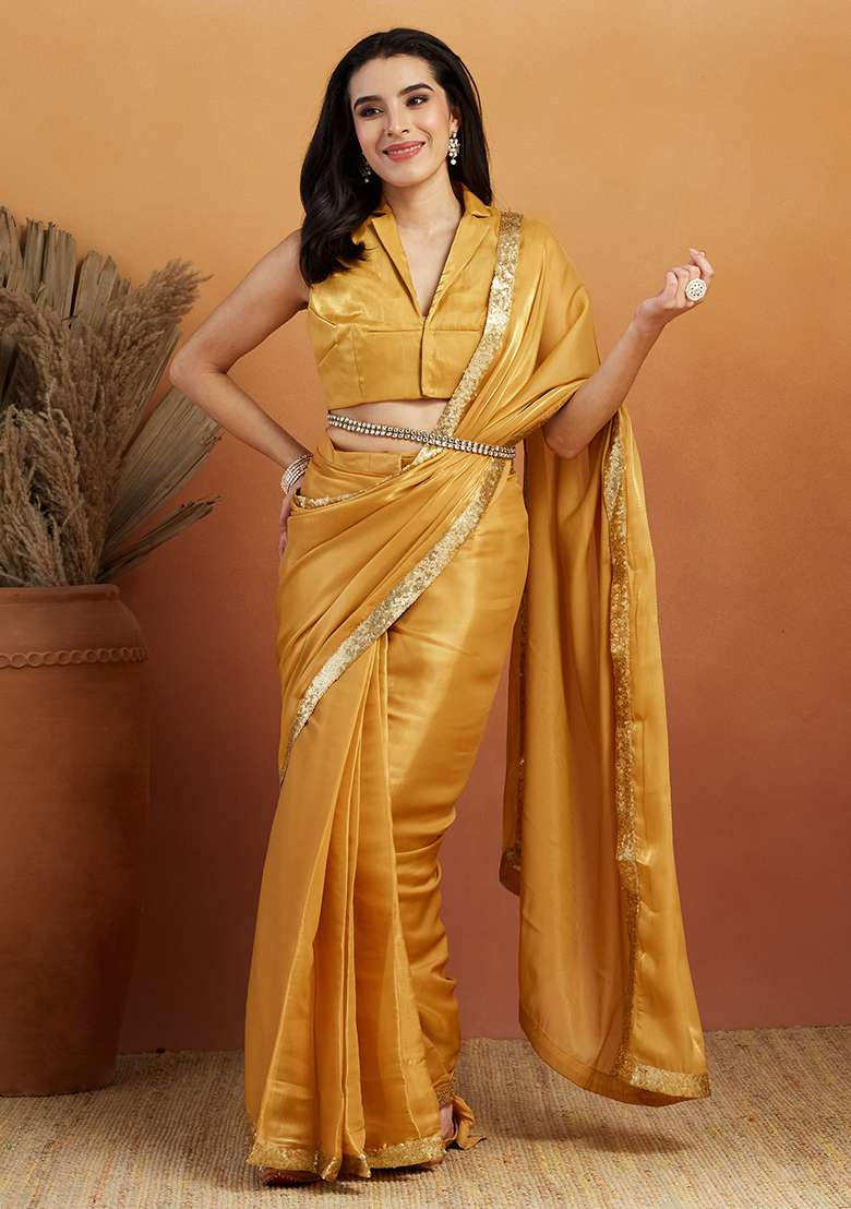 Mustard Solid Velvet Saree Set - Indya