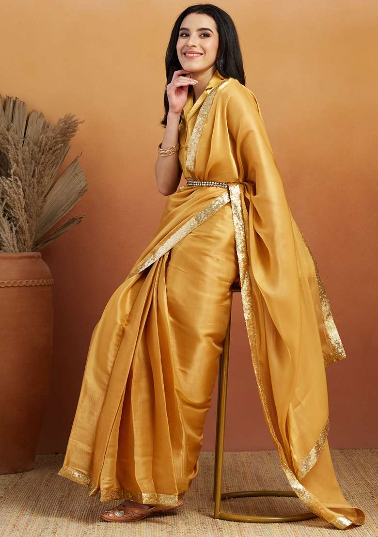 Mustard Solid Velvet Saree Set - Indya