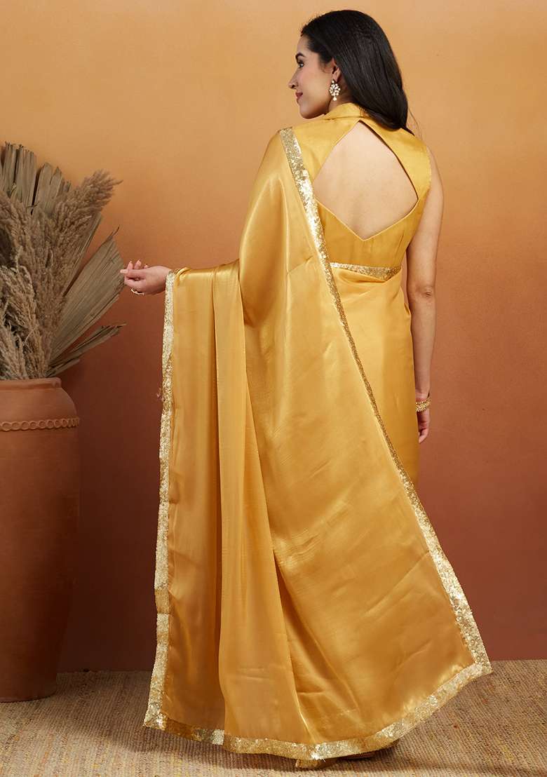 Mustard Solid Velvet Saree Set - Indya