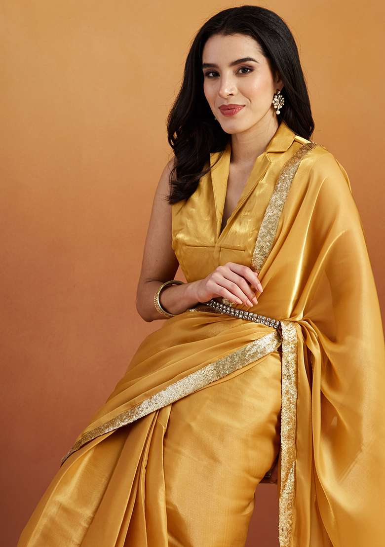 Mustard Solid Velvet Saree Set - Indya