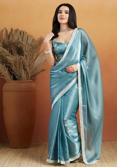 Blue Solid Velvet Saree Set
