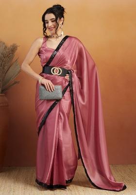 Pink Solid Velvet Saree Set