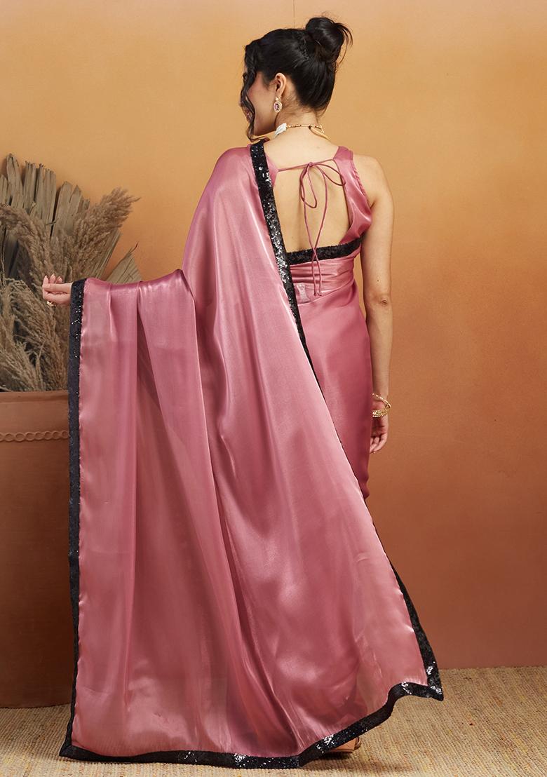 Pink Solid Velvet Saree Set