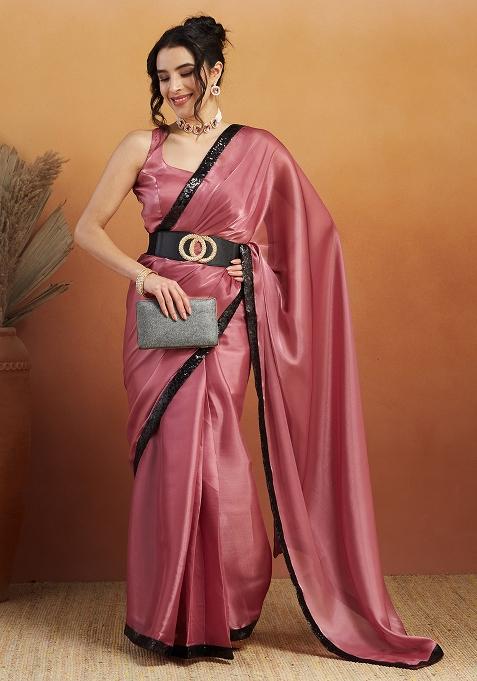 Pink Solid Velvet Saree Set