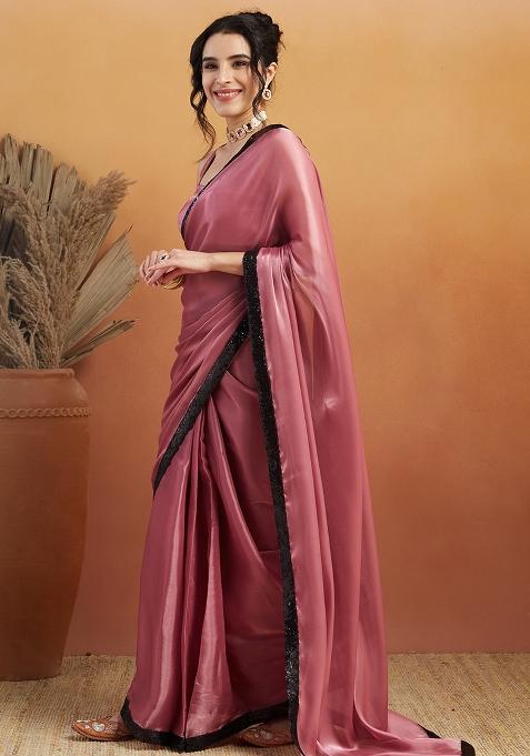 Pink Solid Velvet Saree Set
