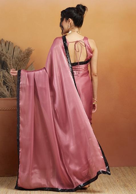 Pink Solid Velvet Saree Set