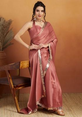 Pink Solid Velvet Saree Set