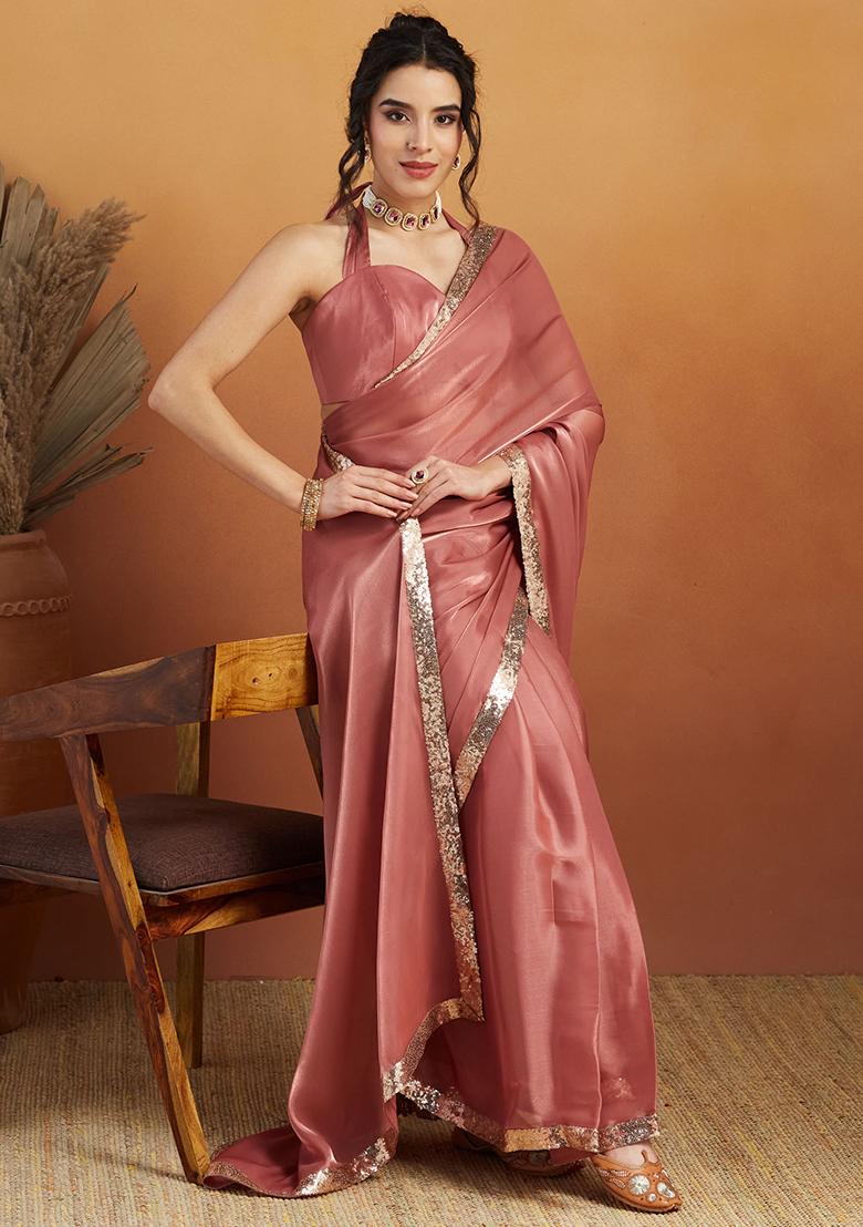 Pink Solid Velvet Saree Set