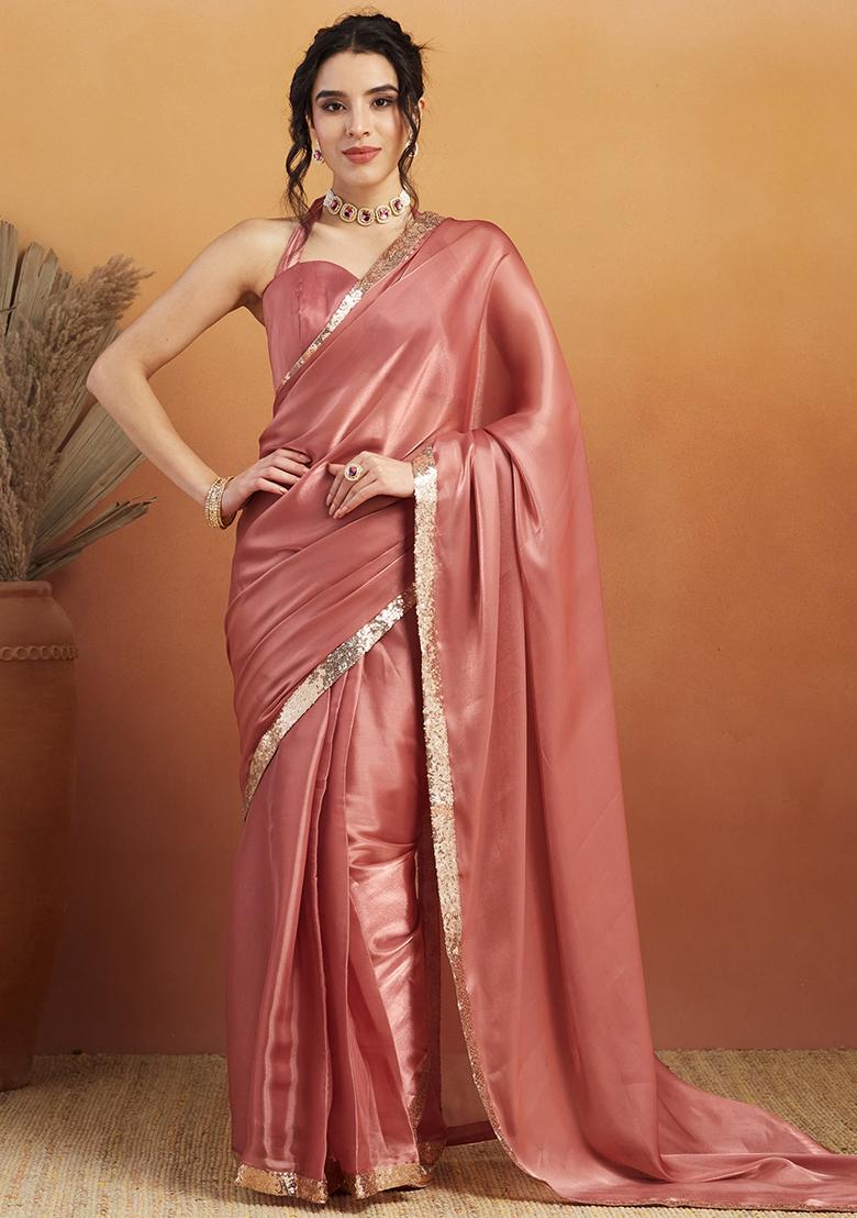 Pink Solid Velvet Saree Set