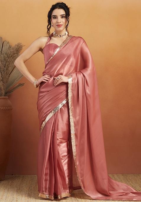 Pink Solid Velvet Saree Set