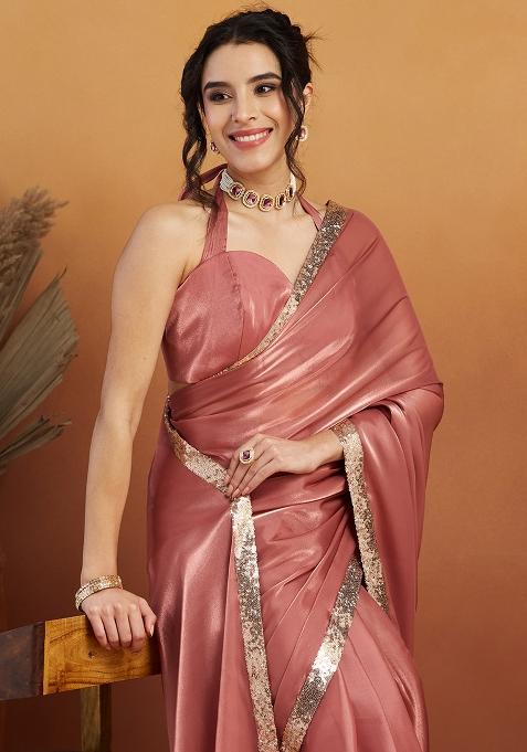 Pink Solid Velvet Saree Set