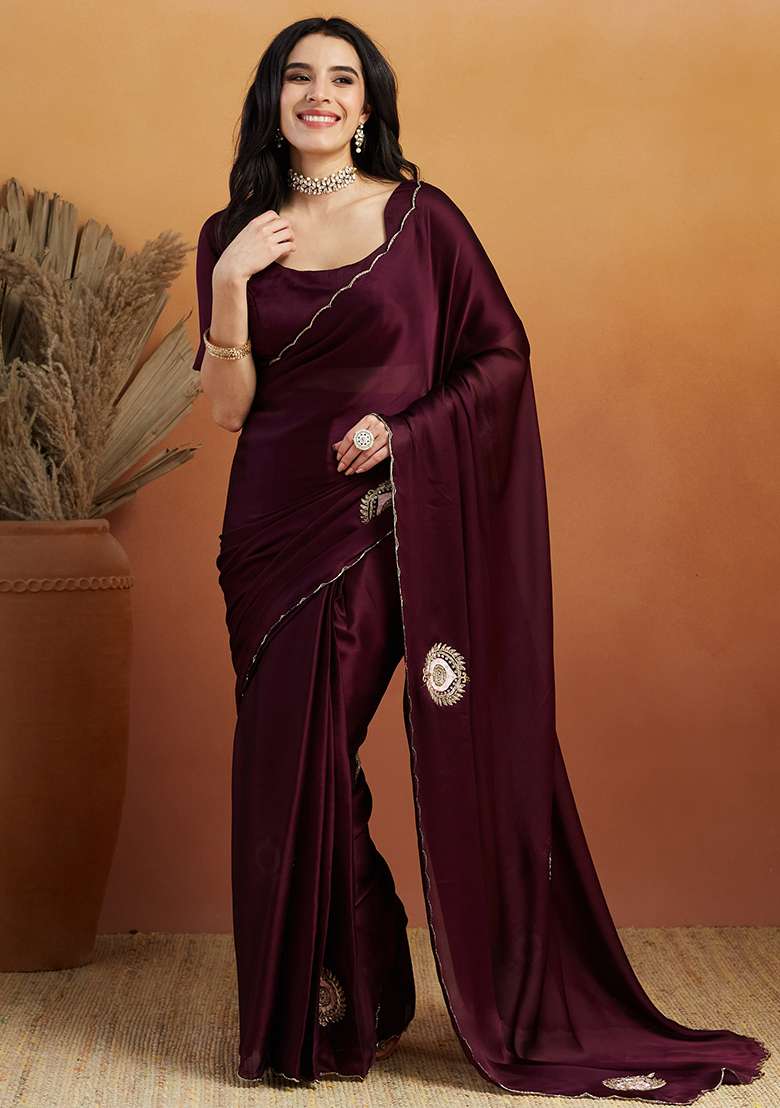 Wine Solid Tissue Saree Set - Indya
