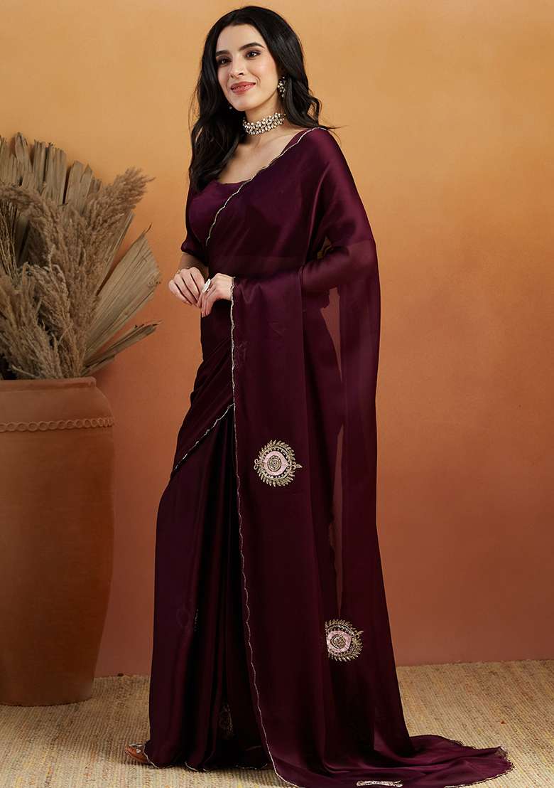 Wine Solid Tissue Saree Set - Indya