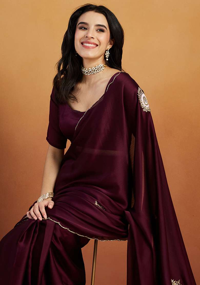 Wine Solid Tissue Saree Set - Indya