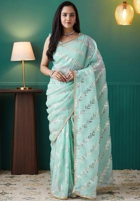 Sea Green Foil Printed Organza Saree Set