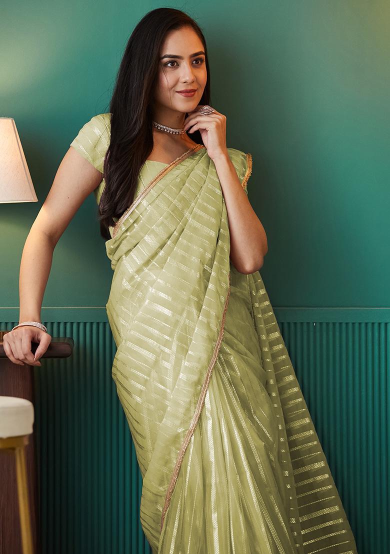 Mehndi Foil Printed Organza Saree Set