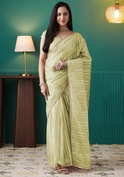 Mehndi Foil Printed Organza Saree Set