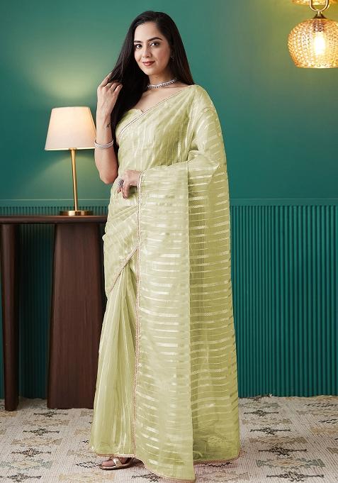 Mehndi Foil Printed Organza Saree Set