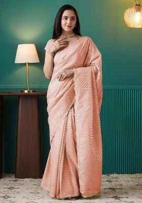 Peach Foil Printed Organza Saree Set