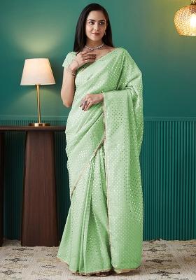 Green Foil Printed Organza Saree Set