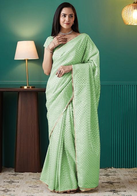 Green Foil Printed Organza Saree Set