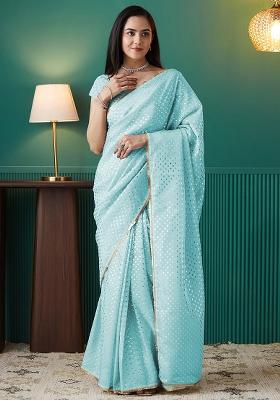 Sky Blue Foil Printed Organza Saree Set