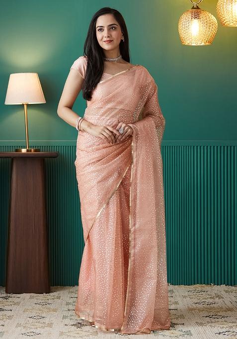 Peach Foil Printed Organza Saree Set