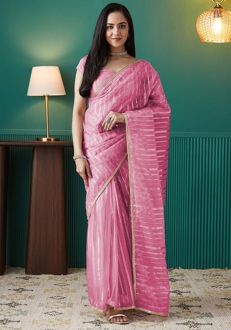 Pink Foil Printed Organza Saree Set